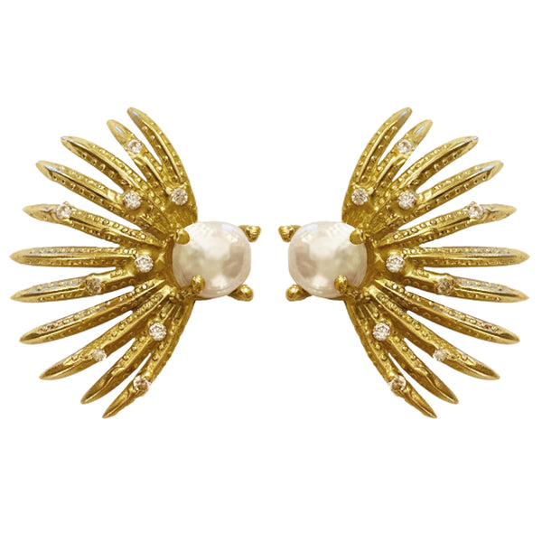 PALM BRANCHES ZIRCONS KEISHI PEARLS GOLD BRONZE EARRINGS