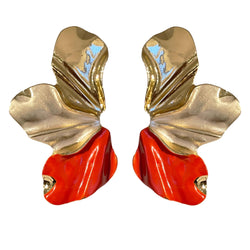 3LEAVES CORAL RED ORANGE WHITE GOLD BRONZE EARRINGS