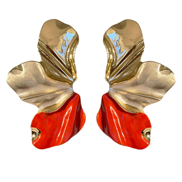 3LEAVES CORAL RED ORANGE WHITE GOLD BRONZE EARRINGS