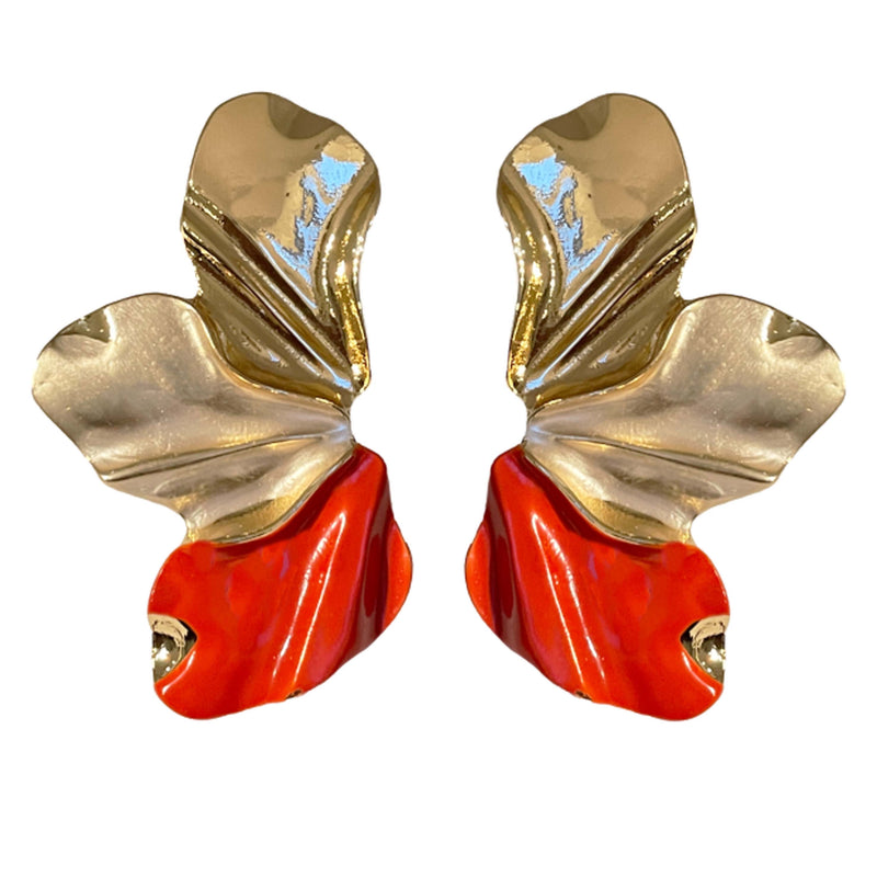 3LEAVES CORAL RED ORANGE WHITE GOLD BRONZE EARRINGS