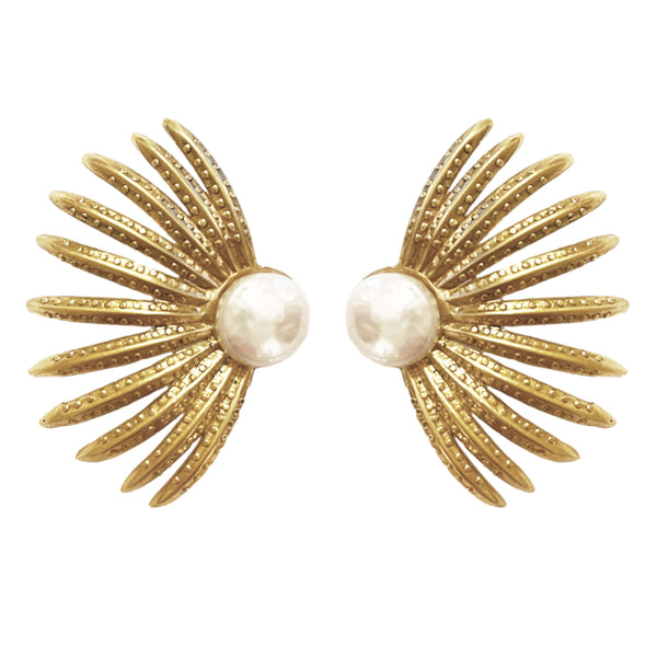 PALM BRANCHES KEISHI PEARLS GOLD BRONZE EARRINGS