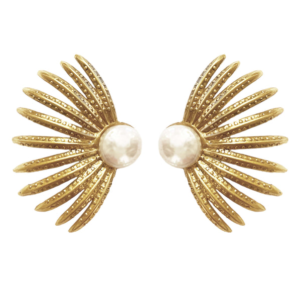 PALM BRANCHES KEISHI PEARLS GOLD BRONZE EARRINGS
