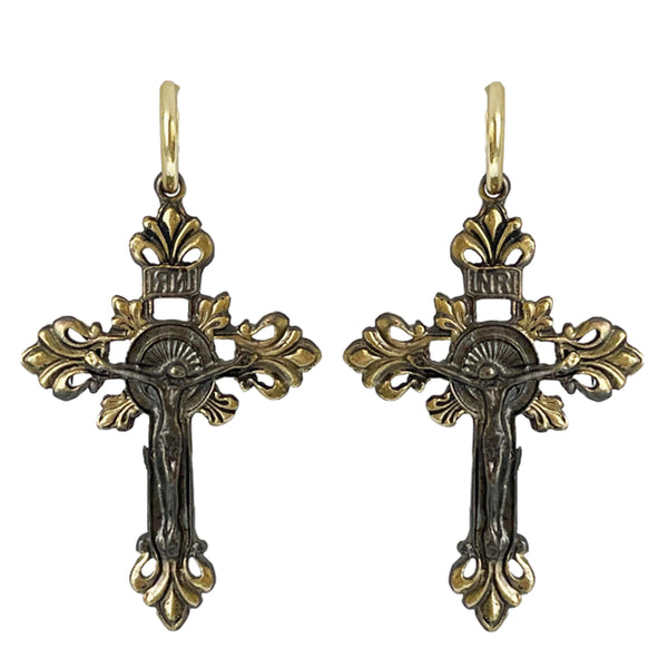 CRUCIFIX INRI CROSSES RUTHENIUM GOLD BRONZE EARRINGS