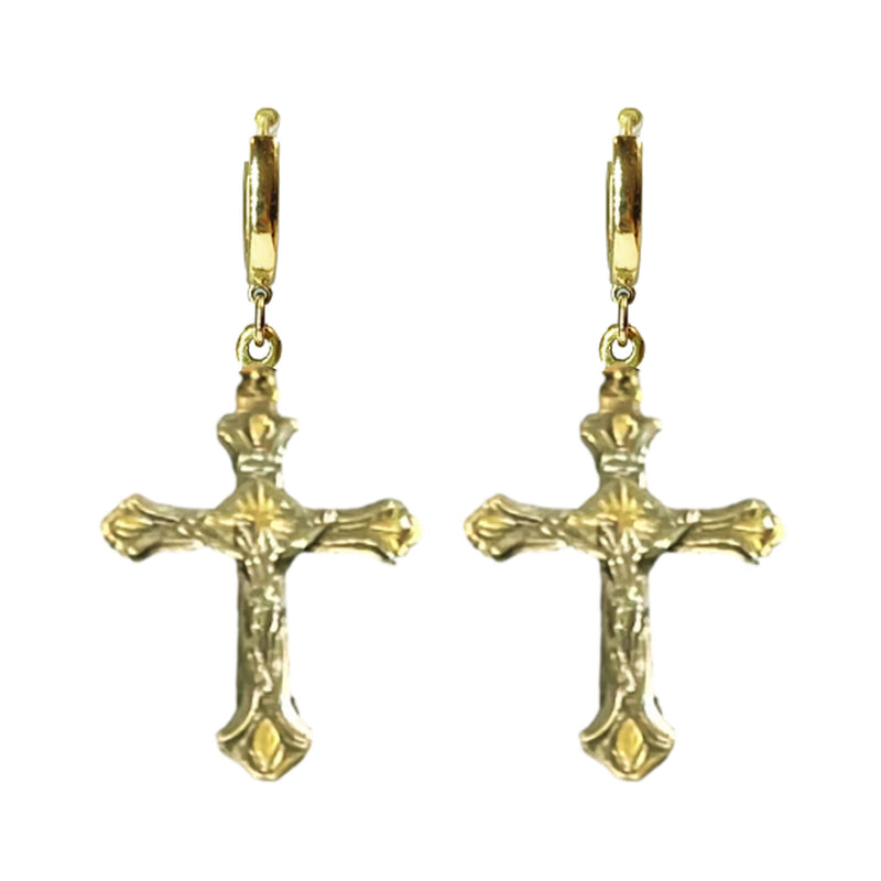 CRUCIFIX STAR CROSSES RUTHENIUM GOLD BRONZE EARRINGS