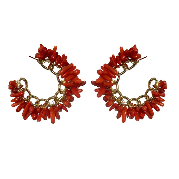 SEMI HOOPS CHAIN RED CORAL GOLD BRONZE EARRINGS
