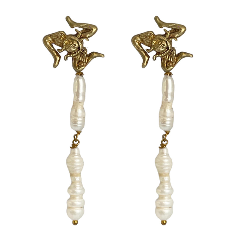 TRIADE + LONG PEARLS GOLD BRONZE EARRINGS