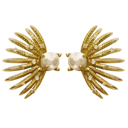 PALM BRANCHES ZIRCONS KEISHI PEARLS GOLD BRONZE EARRINGS