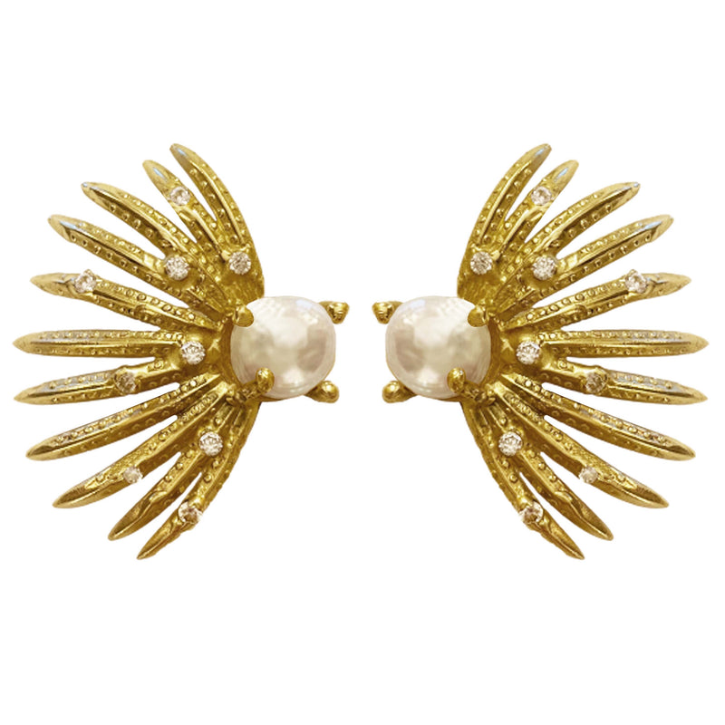 PALM BRANCHES ZIRCONS KEISHI PEARLS GOLD BRONZE EARRINGS