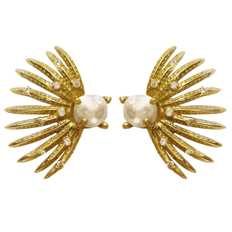PALM BRANCHES ZIRCONS KEISHI PEARLS GOLD BRONZE EARRINGS