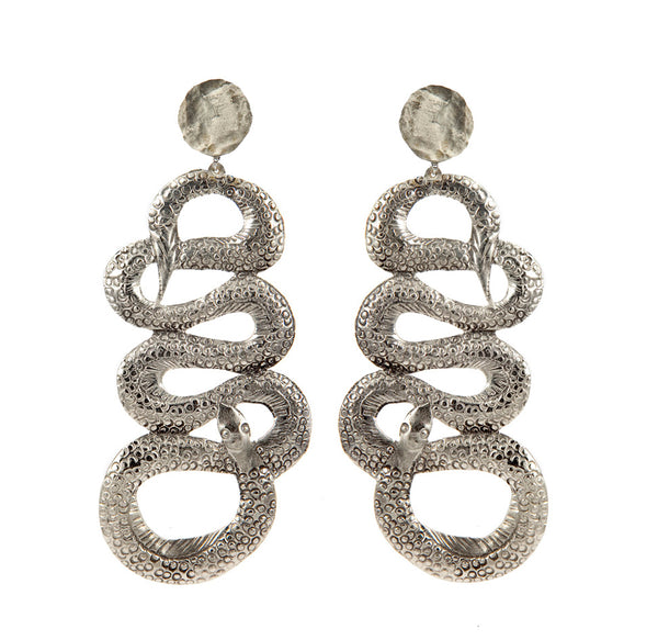 EARRINGS EMBRACED SNAKES WHITE BRONZE