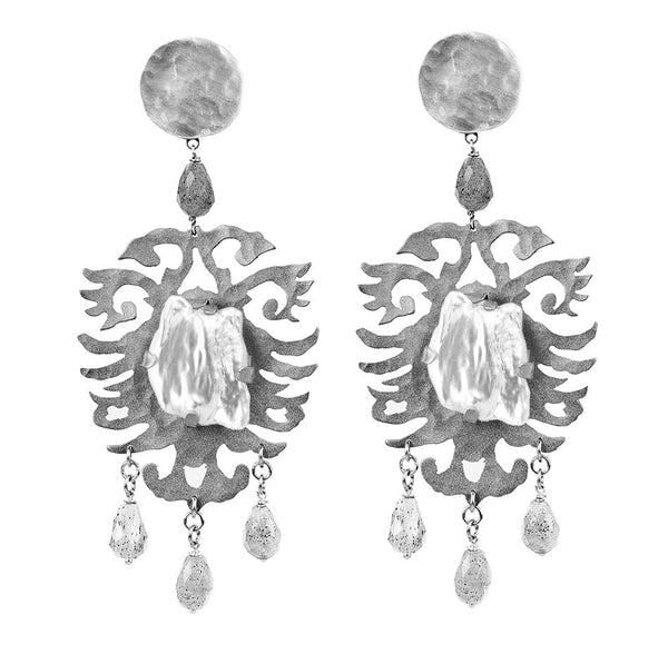 EARRINGS CRESTS WHITE PEARLS WHITE BRONZE