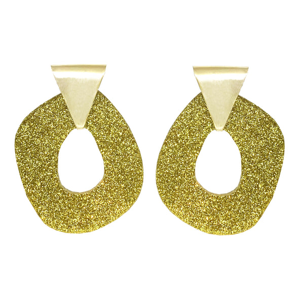 EARRINGS GOLD BRONZE PLEXI MISSHAPE OVALS GLITTER GOLD