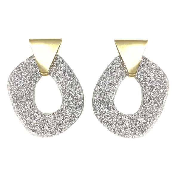 EARRINGS GOLD BRONZE PLEXI MISSHAPE OVALS GLITTER SILVER