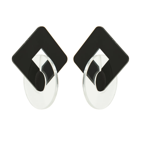 EARRINGS RHOMBUS AND DISC PLEXI BLACK TRASPRENT