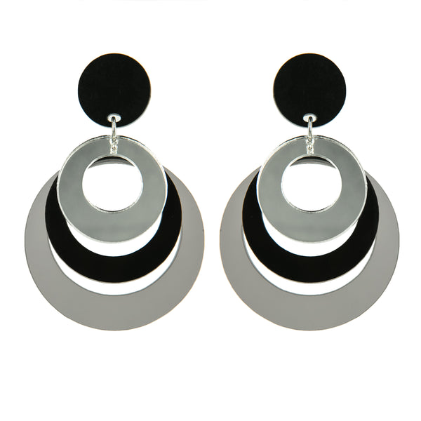 EARRINGS 3 DISCS  PLEXI MIRROR/BLACK/GREY TRASPARENT