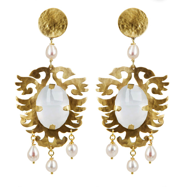 EARRINGS ARALDI GOLD BRONZE - WHITE MOTHER OF PEARL CRYSTAL ROCK
