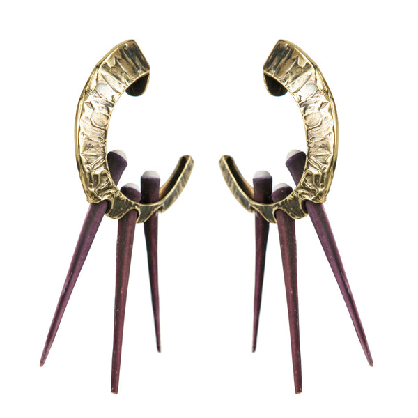 EARRINGS VIOLET POLYNESIAN SEA URCHINS GOLD BRONZE OXIDIZED