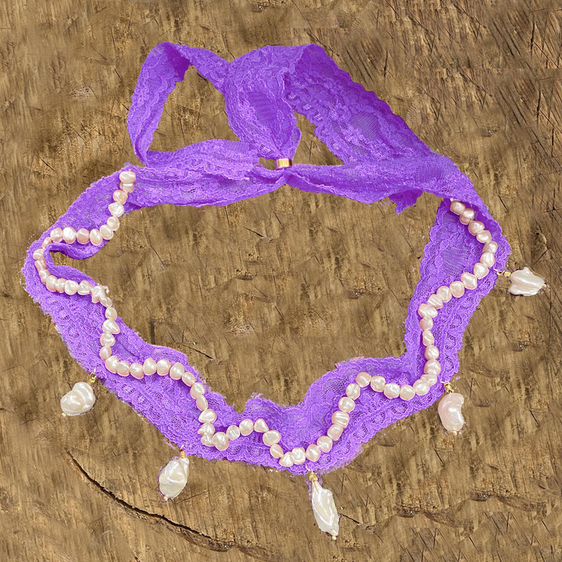 LACE WHITE WAVES KEISHI PEARLS CHOKER -LILAC COLOR-