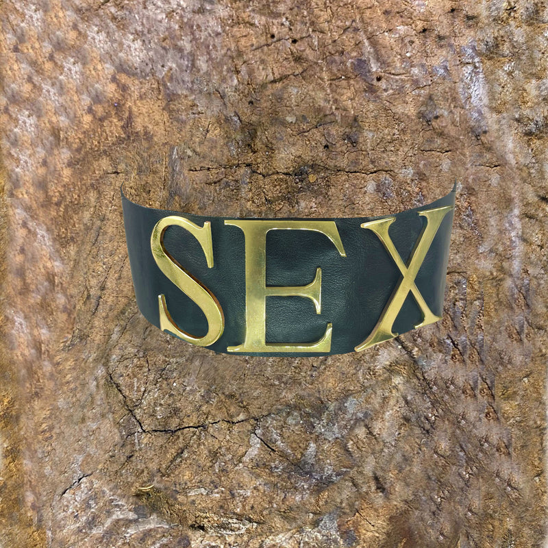 SEX BLACK LEATHER CHOKER GOLD BRONZE