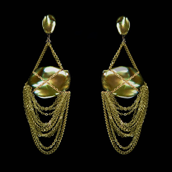 EARRINGS CURTAIN  GOLD BRONZE & KEISHI PEARLS