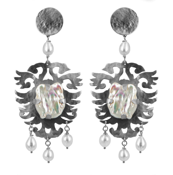 EARRINGS CRESTS CRYSTAL ROCK MADREPEARLS WHITE BRONZE