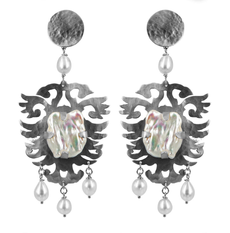 EARRINGS CRESTS CRYSTAL ROCK MADREPEARLS WHITE BRONZE