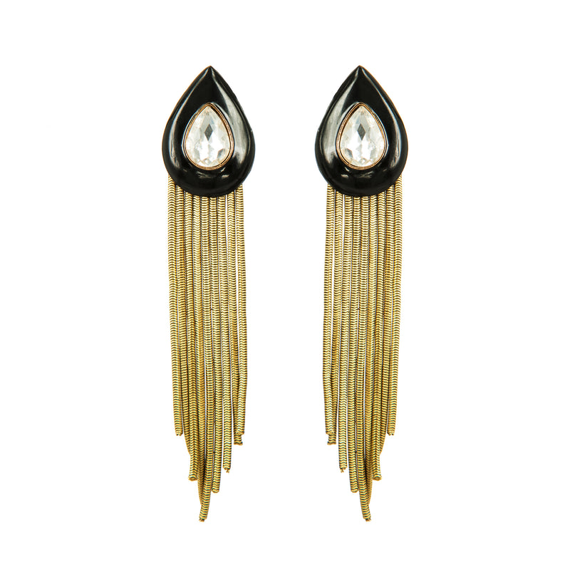 EARRINGS DROPS BLACK ENAMEL & DIAMOND GOLD