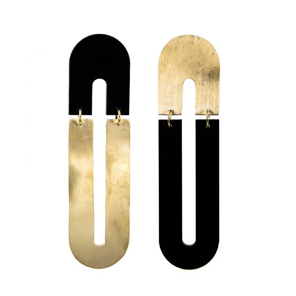 EARRINGS GOLD BRONZE PLEXI "U" BLACK
