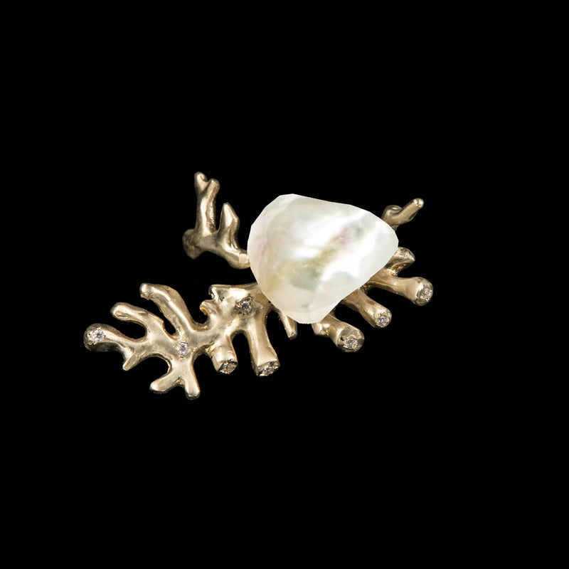 RING BRANCH WHITE KEISHI PEARL GOLD BRONZE