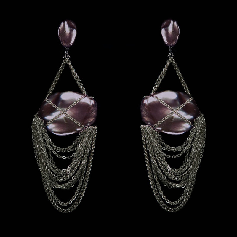 EARRINGS CURTAIN  RUTHENIUM BRONZE & KEISHI PEARLS