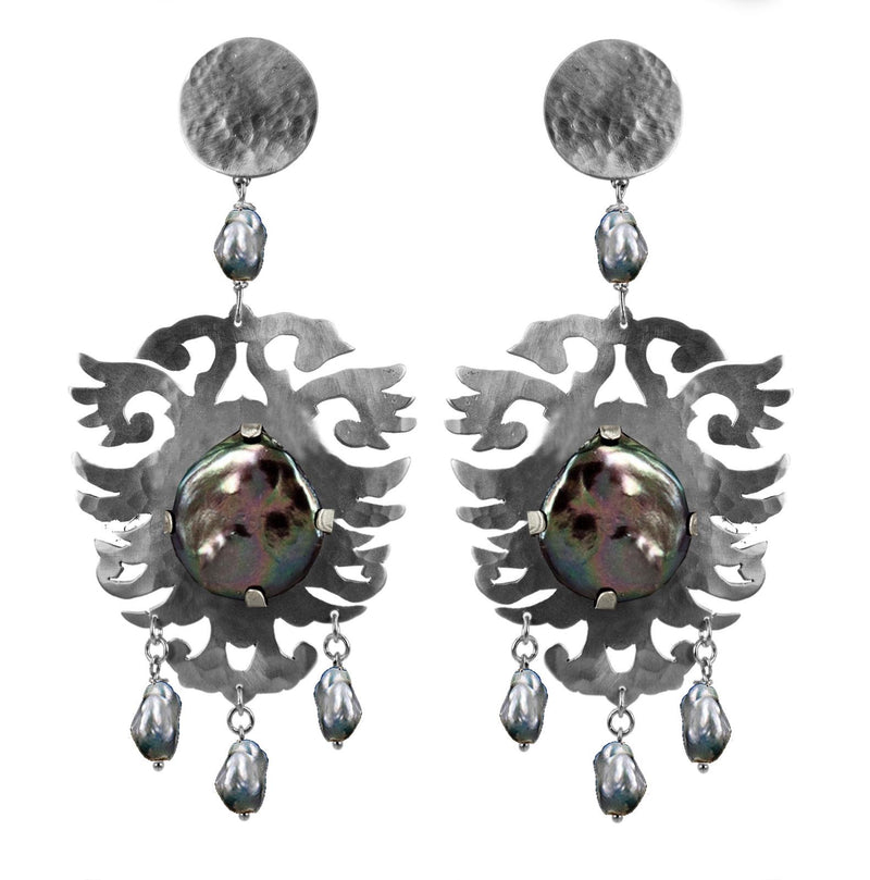 EARRINGS CRESTS GREY WHITE  BRONZE